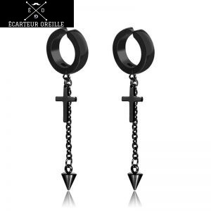 Faux bijou oreille à chaine et croix noire