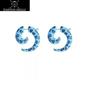 Boucle d'oreille faux écarteur spirale bleu